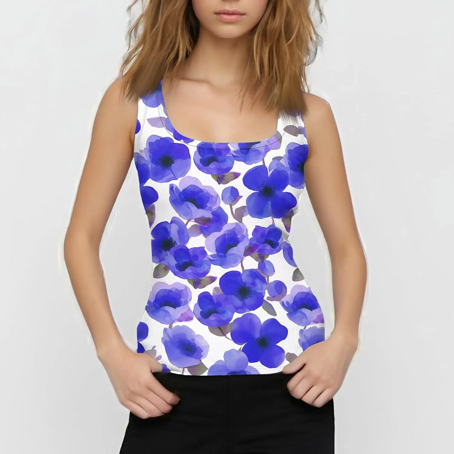 Womens Slim Fit Ribbed Spaghetti Strap Tank Top;Scoop Neck Camisole Lightweight Solid Basic Shirts