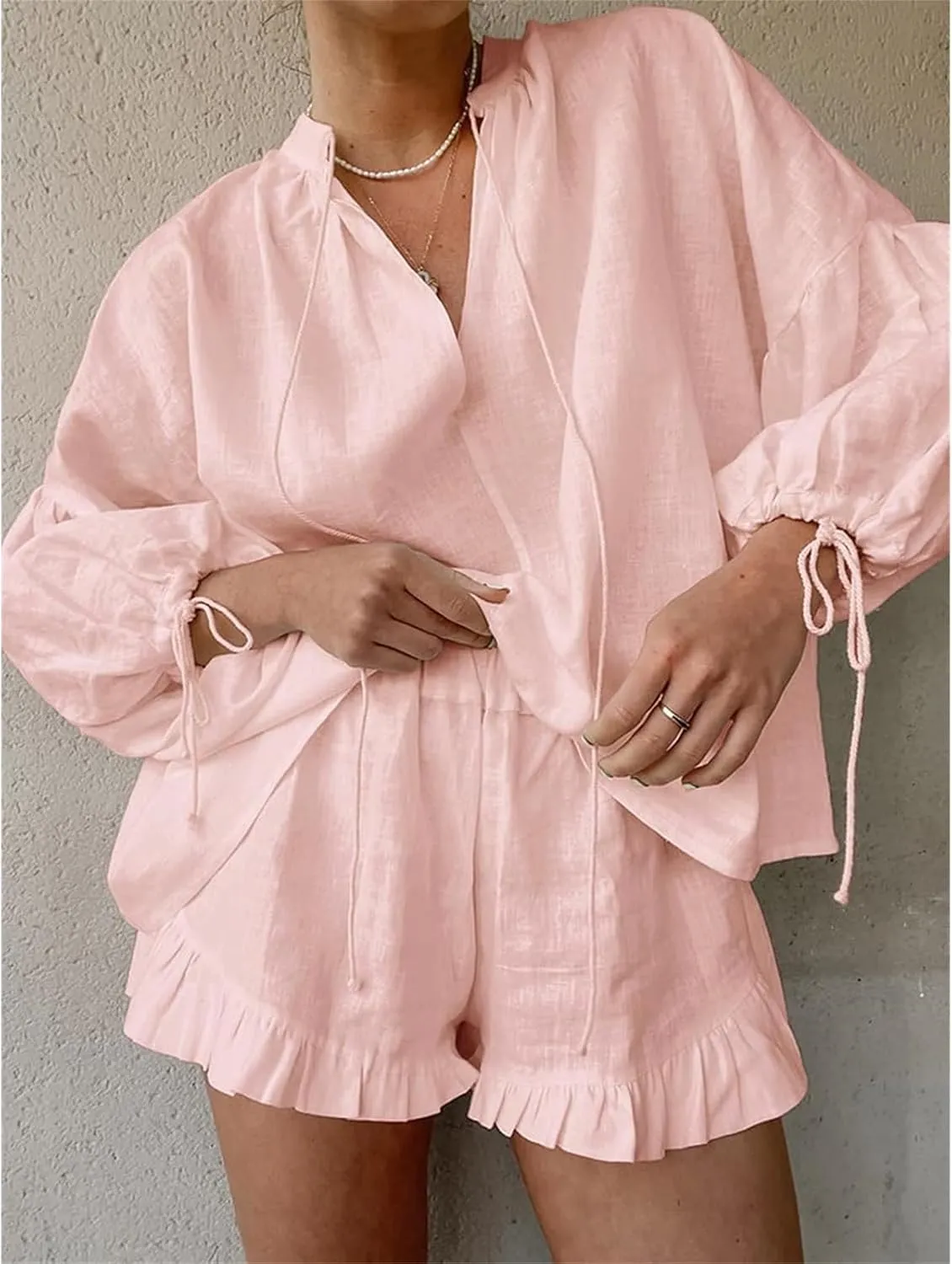 Womens Summer 2 Piece Set Cotton Linen Long Sleeve V Neck Loose Tops Ruffle Shorts Casual Comfy Loungewear Y2k Outfit