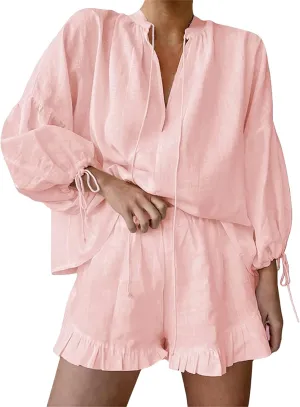 Womens Summer 2 Piece Set Cotton Linen Long Sleeve V Neck Loose Tops Ruffle Shorts Casual Comfy Loungewear Y2k Outfit
