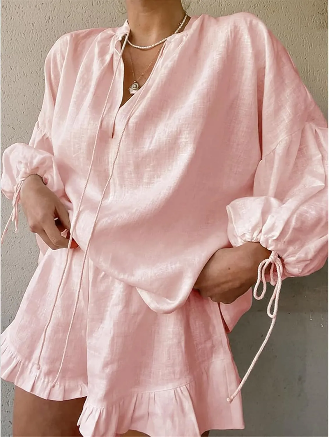 Womens Summer 2 Piece Set Cotton Linen Long Sleeve V Neck Loose Tops Ruffle Shorts Casual Comfy Loungewear Y2k Outfit