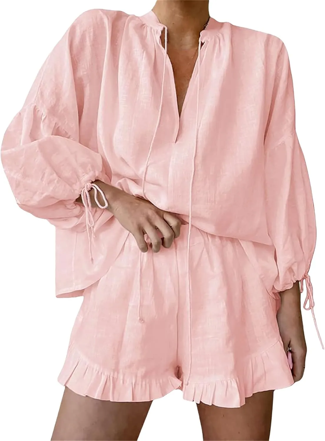 Womens Summer 2 Piece Set Cotton Linen Long Sleeve V Neck Loose Tops Ruffle Shorts Casual Comfy Loungewear Y2k Outfit