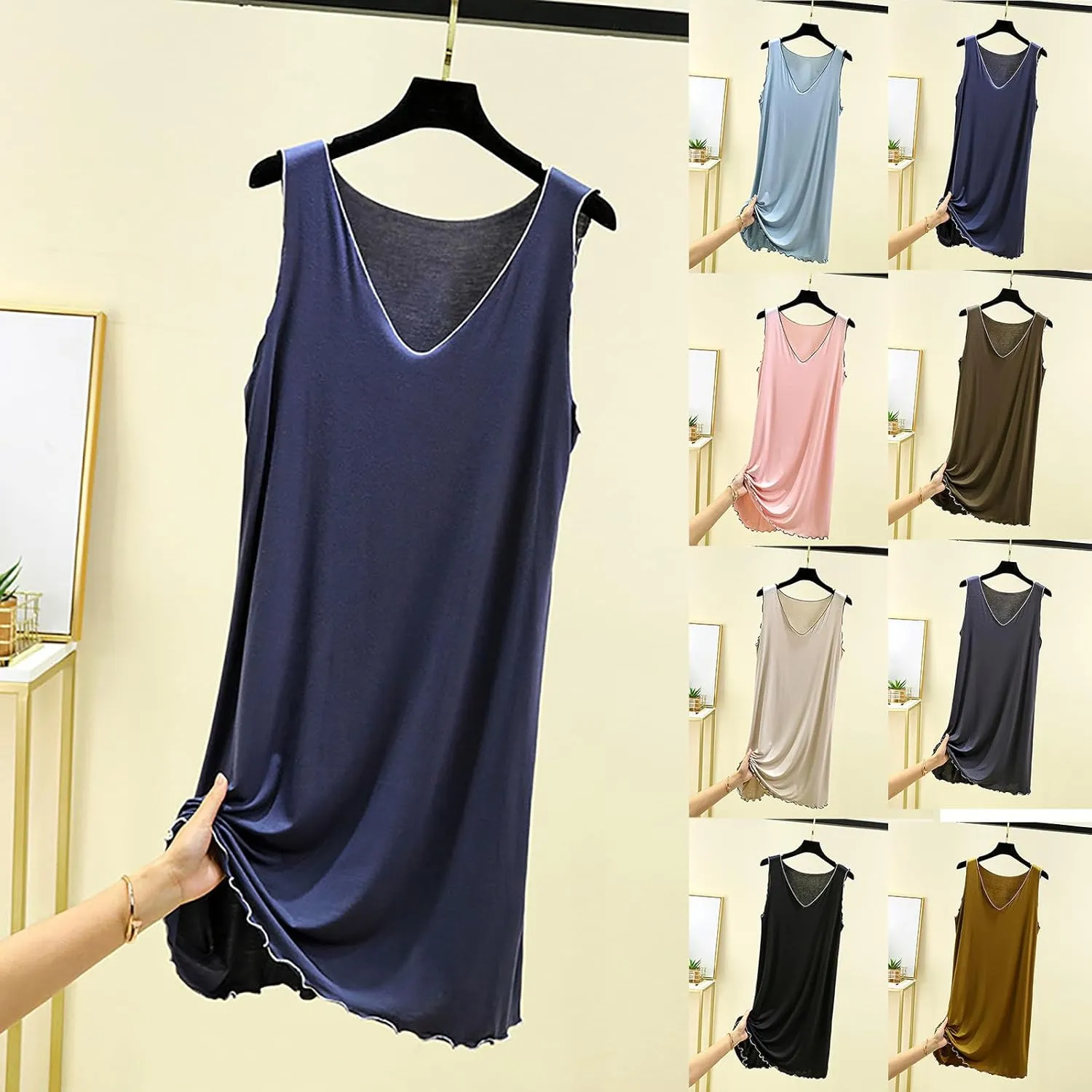 Women's Summer Sleeveless Nightgown Loose V Neck Sleepshirts Comfy Soft Modal Sleepwear Tank Top Nightdress