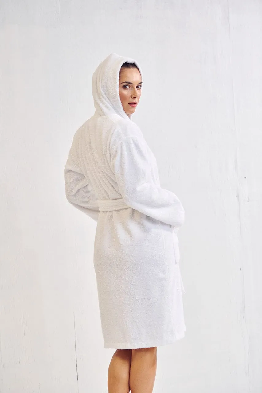 Women's Terry Cotton Turkish Hooded Bathrobe, Luxurious Terry Cloth, Lightweight & Soft (White)
