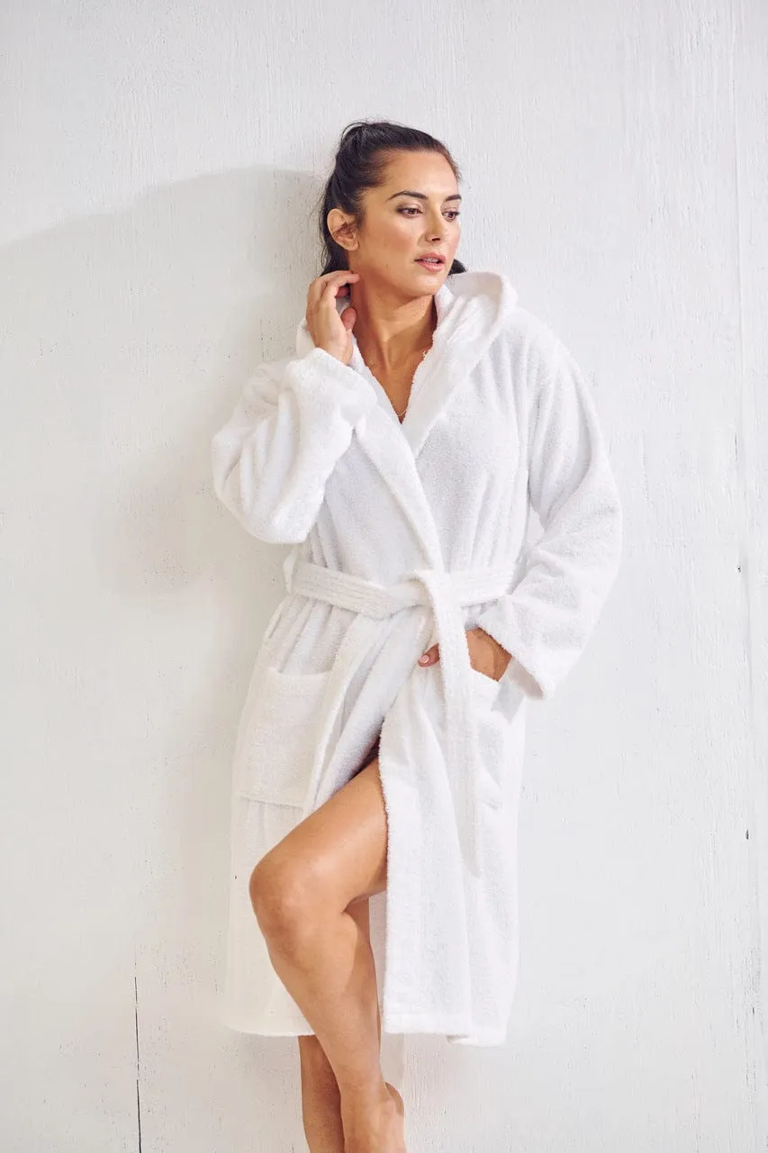 Women's Terry Cotton Turkish Hooded Bathrobe, Luxurious Terry Cloth, Lightweight & Soft (White)