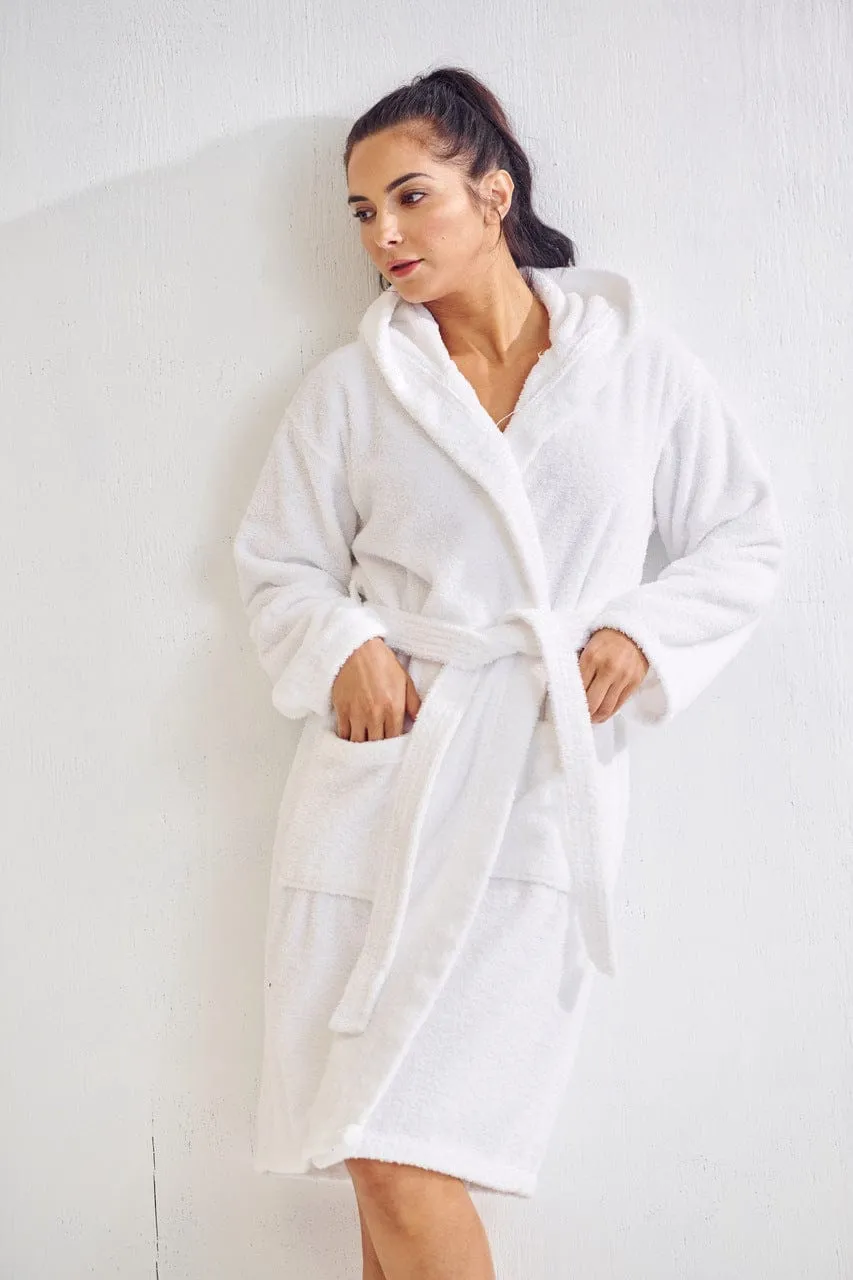 Women's Terry Cotton Turkish Hooded Bathrobe, Luxurious Terry Cloth, Lightweight & Soft (White)
