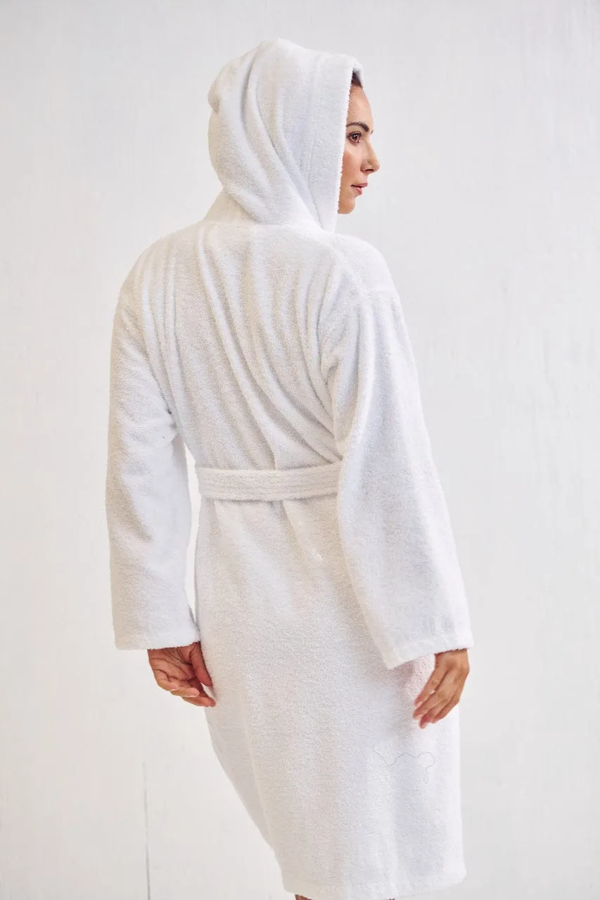 Women's Terry Cotton Turkish Hooded Bathrobe, Luxurious Terry Cloth, Lightweight & Soft (White)