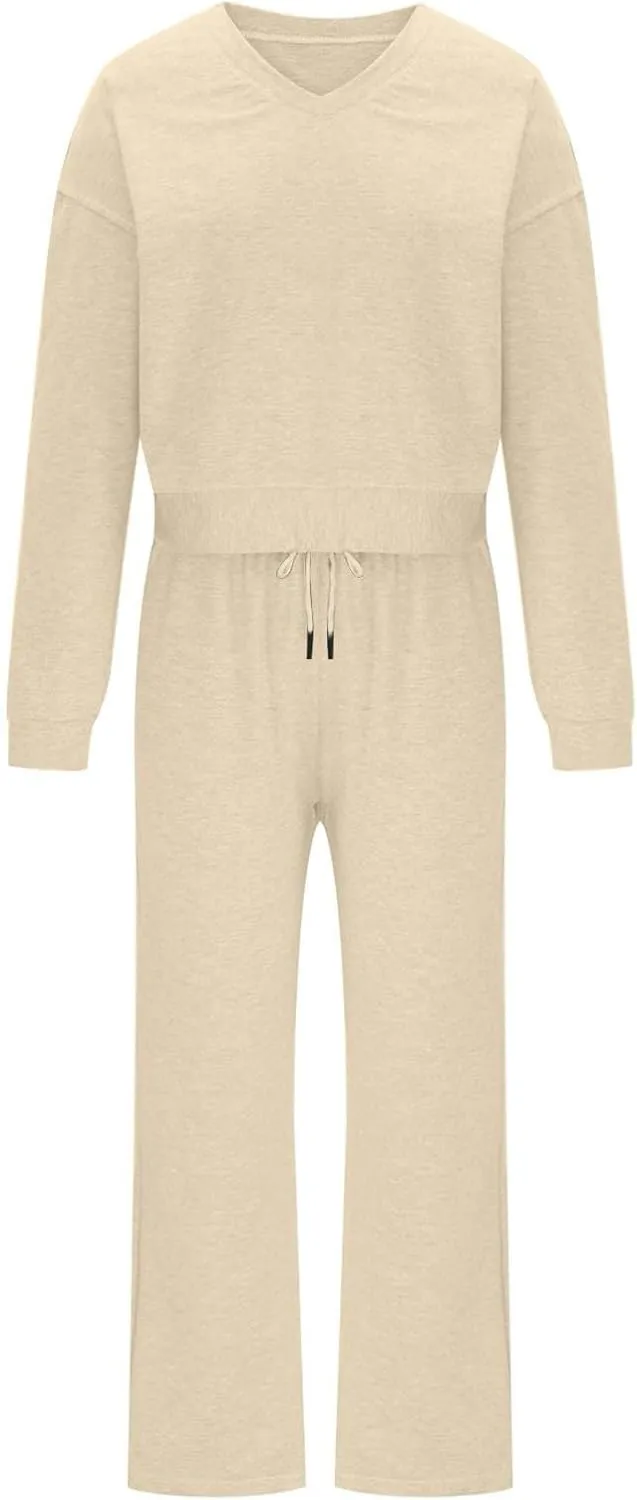 Womens Two Piece Outfits 2025 Comfy Sweatsuit Lounge Long Sleeve V Neck Top and Wide Leg Pant Matching Sets Tracksuit