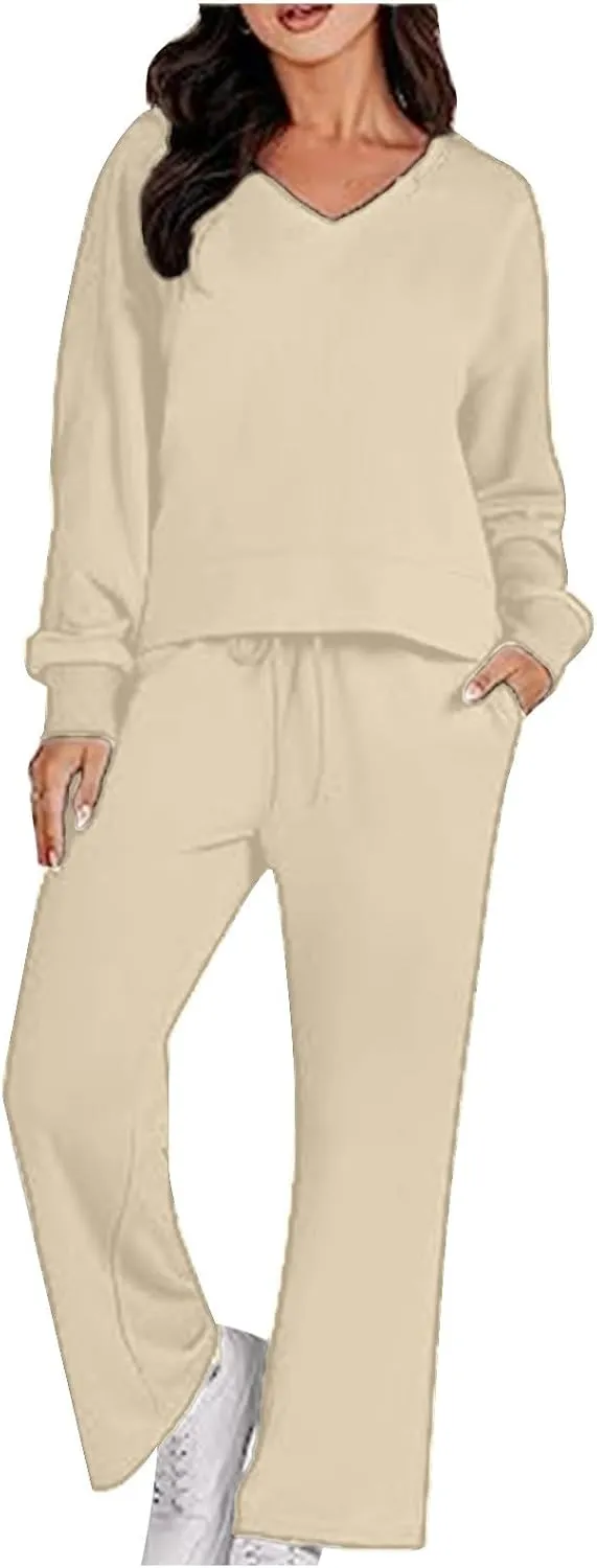 Womens Two Piece Outfits 2025 Comfy Sweatsuit Lounge Long Sleeve V Neck Top and Wide Leg Pant Matching Sets Tracksuit