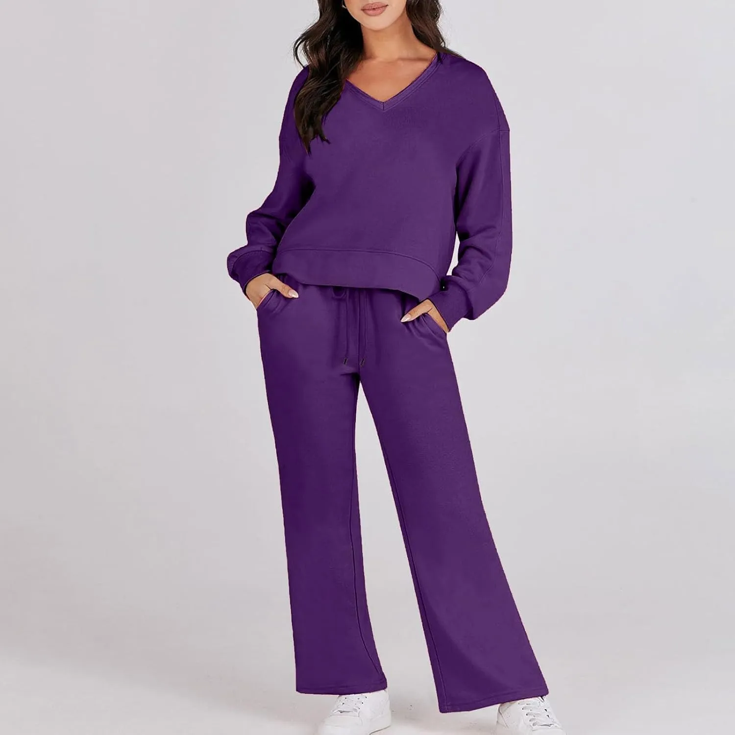 Womens Two Piece Outfits 2025 Comfy Sweatsuit Lounge Long Sleeve V Neck Top and Wide Leg Pant Matching Sets Tracksuit