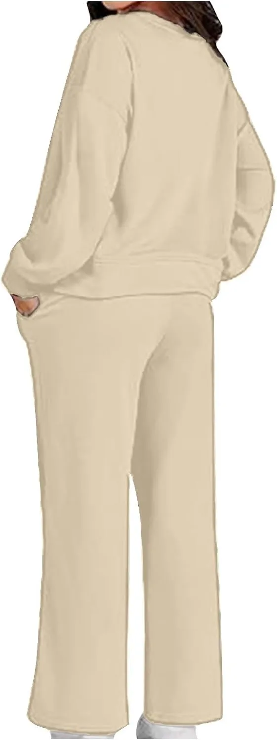 Womens Two Piece Outfits 2025 Comfy Sweatsuit Lounge Long Sleeve V Neck Top and Wide Leg Pant Matching Sets Tracksuit