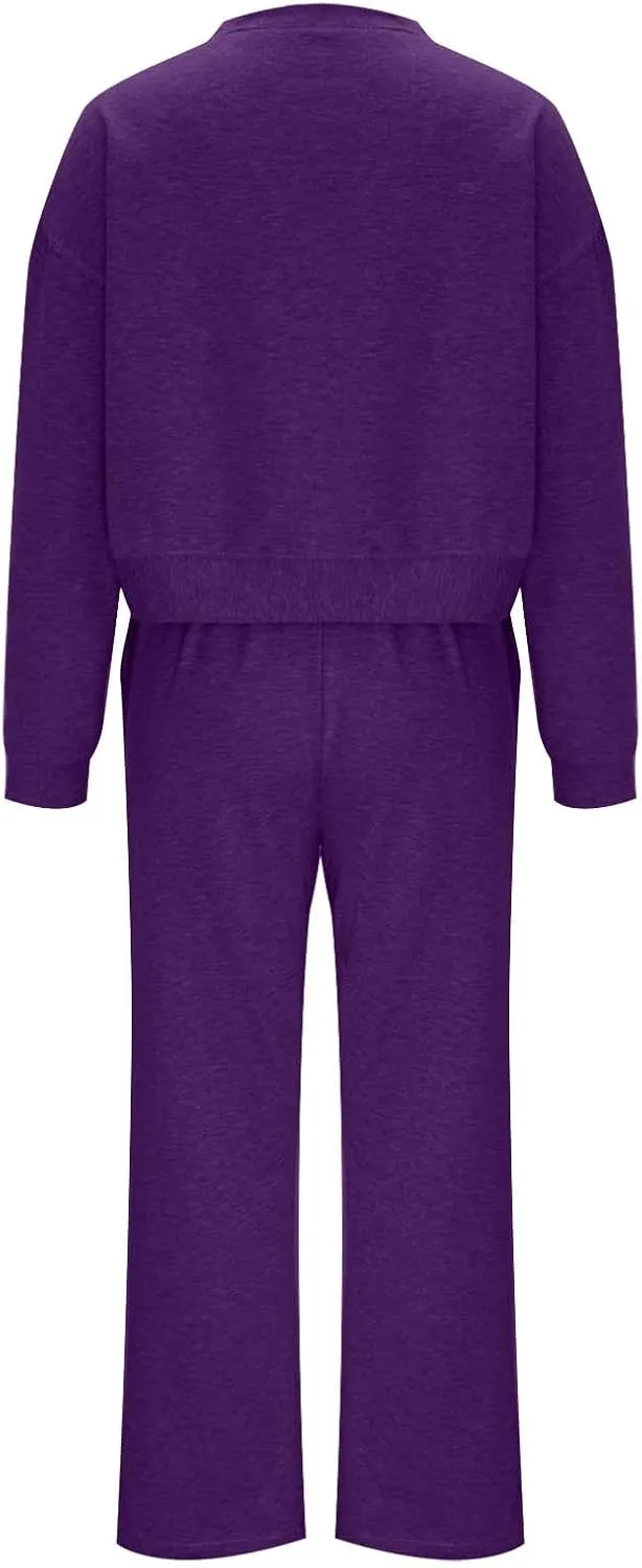 Womens Two Piece Outfits 2025 Comfy Sweatsuit Lounge Long Sleeve V Neck Top and Wide Leg Pant Matching Sets Tracksuit