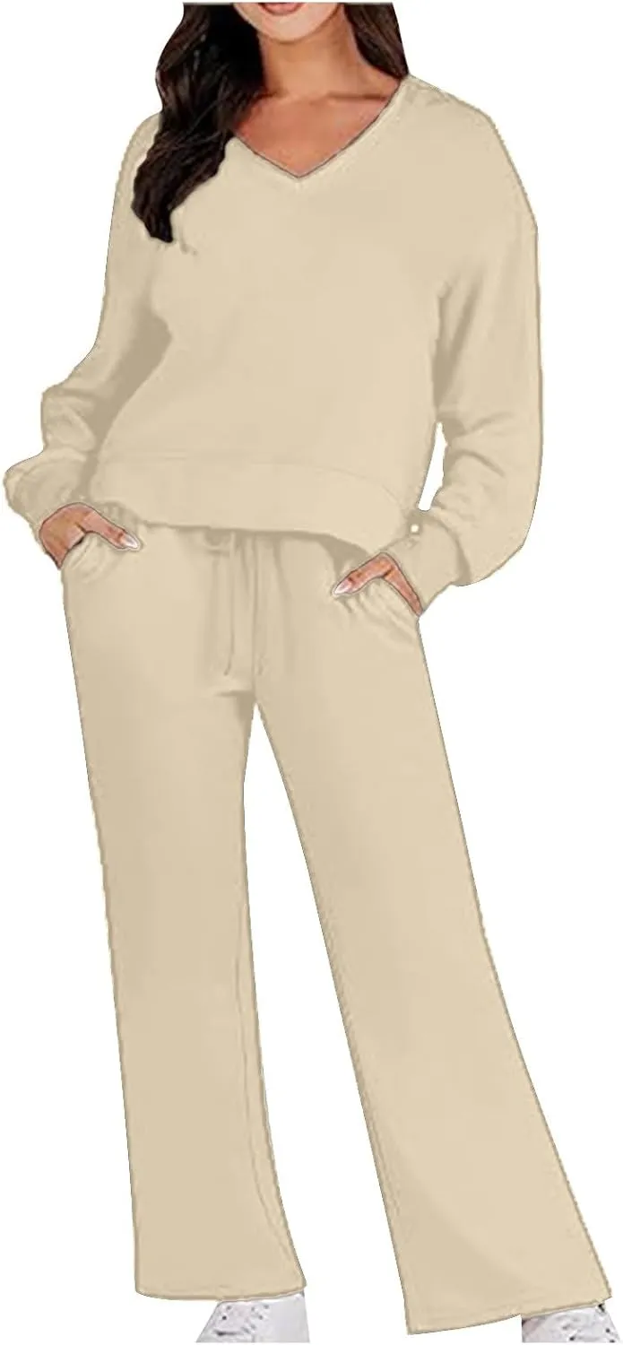 Womens Two Piece Outfits 2025 Comfy Sweatsuit Lounge Long Sleeve V Neck Top and Wide Leg Pant Matching Sets Tracksuit
