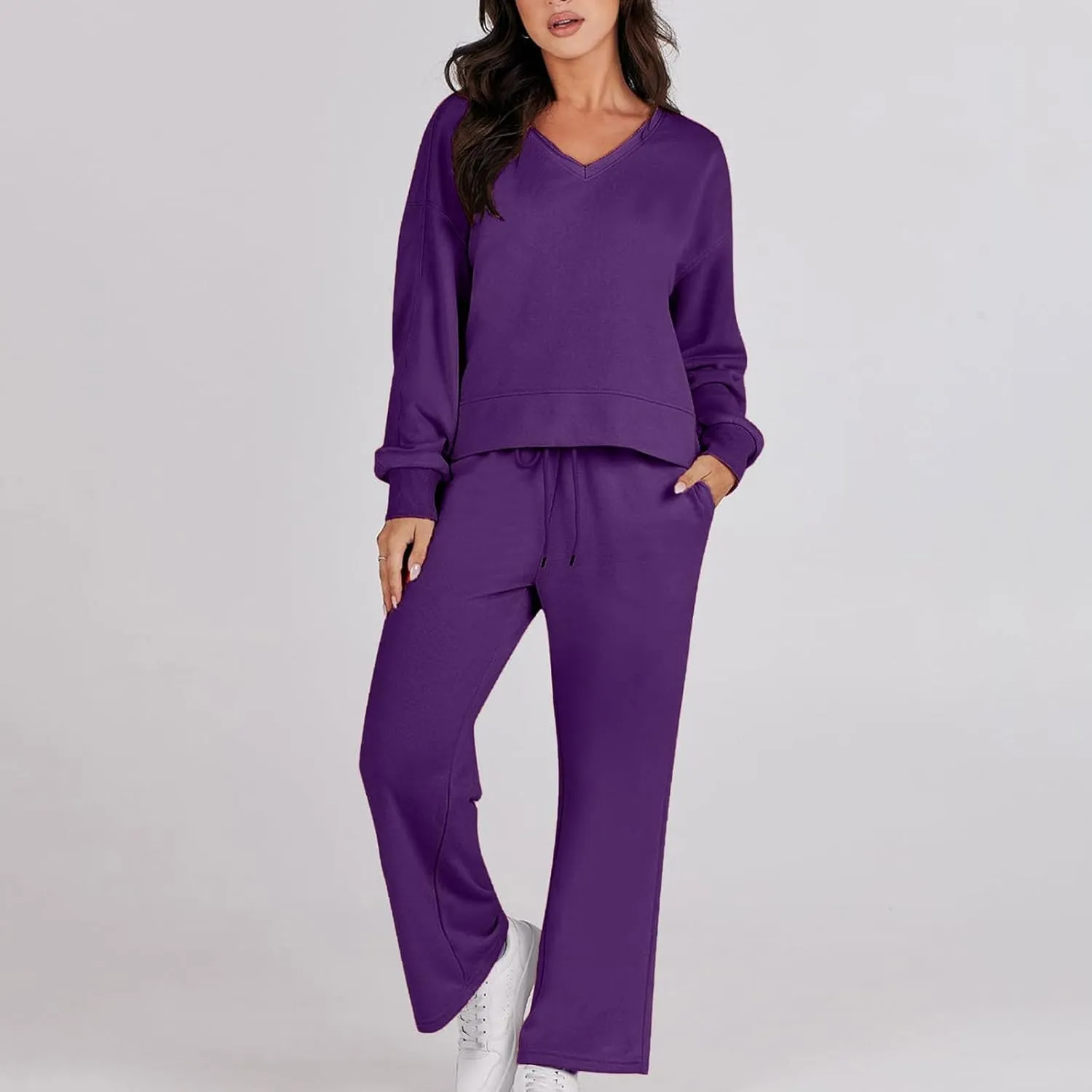 Womens Two Piece Outfits 2025 Comfy Sweatsuit Lounge Long Sleeve V Neck Top and Wide Leg Pant Matching Sets Tracksuit