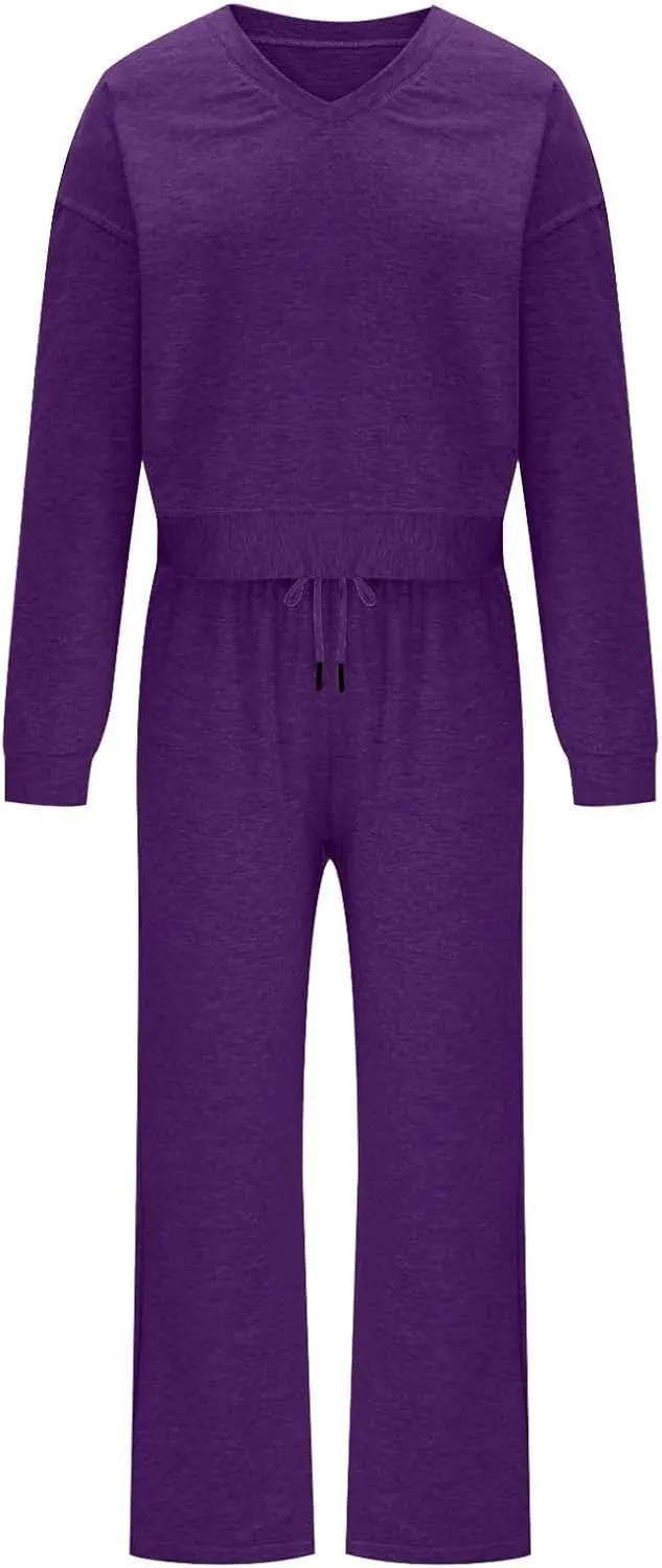 Womens Two Piece Outfits 2025 Comfy Sweatsuit Lounge Long Sleeve V Neck Top and Wide Leg Pant Matching Sets Tracksuit
