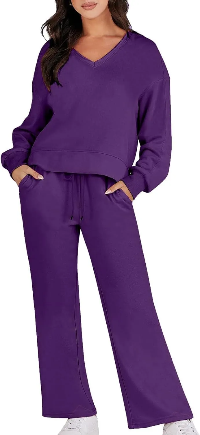 Womens Two Piece Outfits 2025 Comfy Sweatsuit Lounge Long Sleeve V Neck Top and Wide Leg Pant Matching Sets Tracksuit