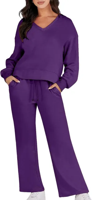Womens Two Piece Outfits 2025 Comfy Sweatsuit Lounge Long Sleeve V Neck Top and Wide Leg Pant Matching Sets Tracksuit
