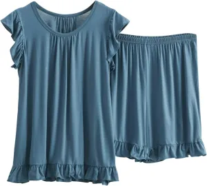 Womens Two Piece Pajamas Sets Plus Size Loungewear Soft Sleepwear Summer Ruffle Sleeve Pjs Tank Top Shorts Lounge Set