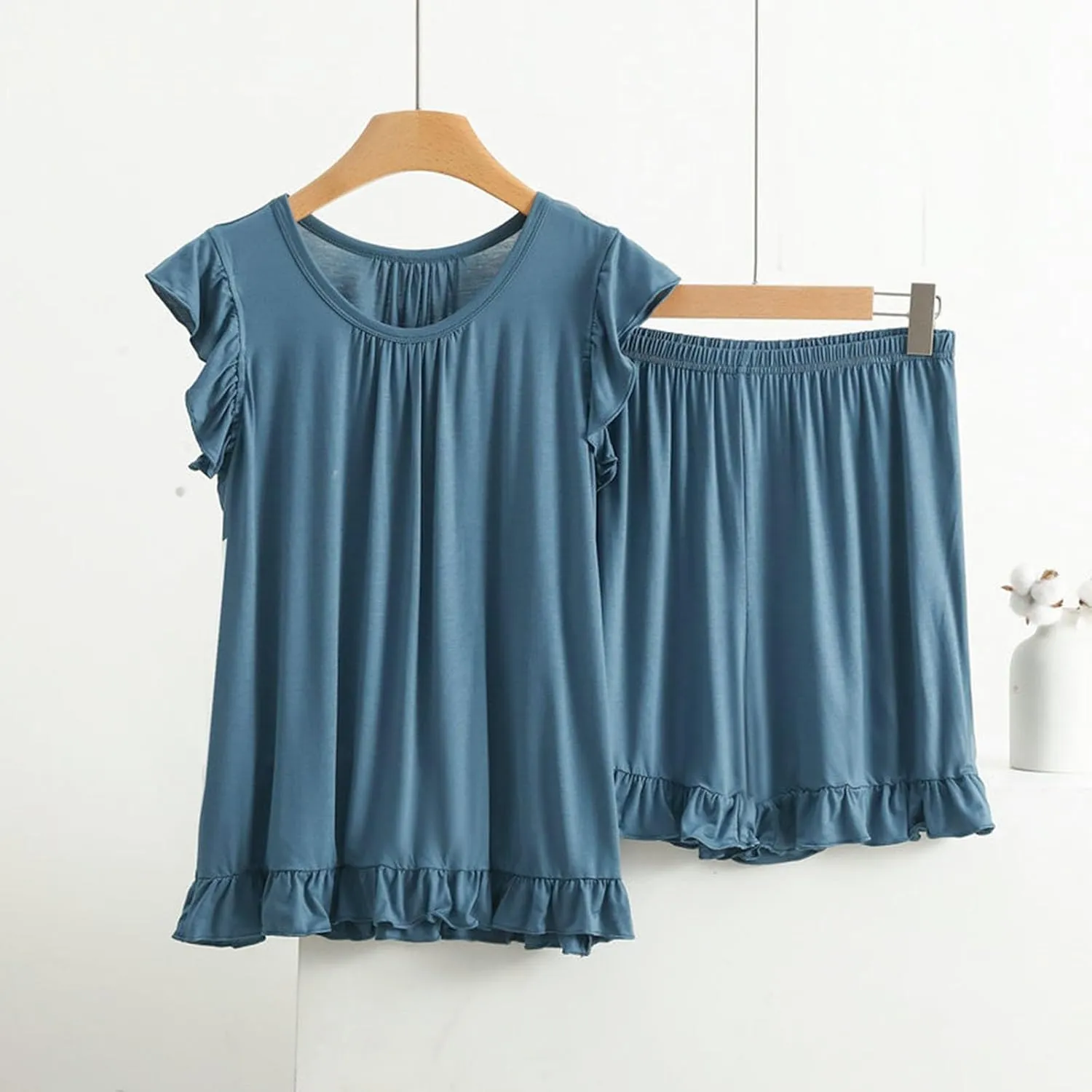 Womens Two Piece Pajamas Sets Plus Size Loungewear Soft Sleepwear Summer Ruffle Sleeve Pjs Tank Top Shorts Lounge Set
