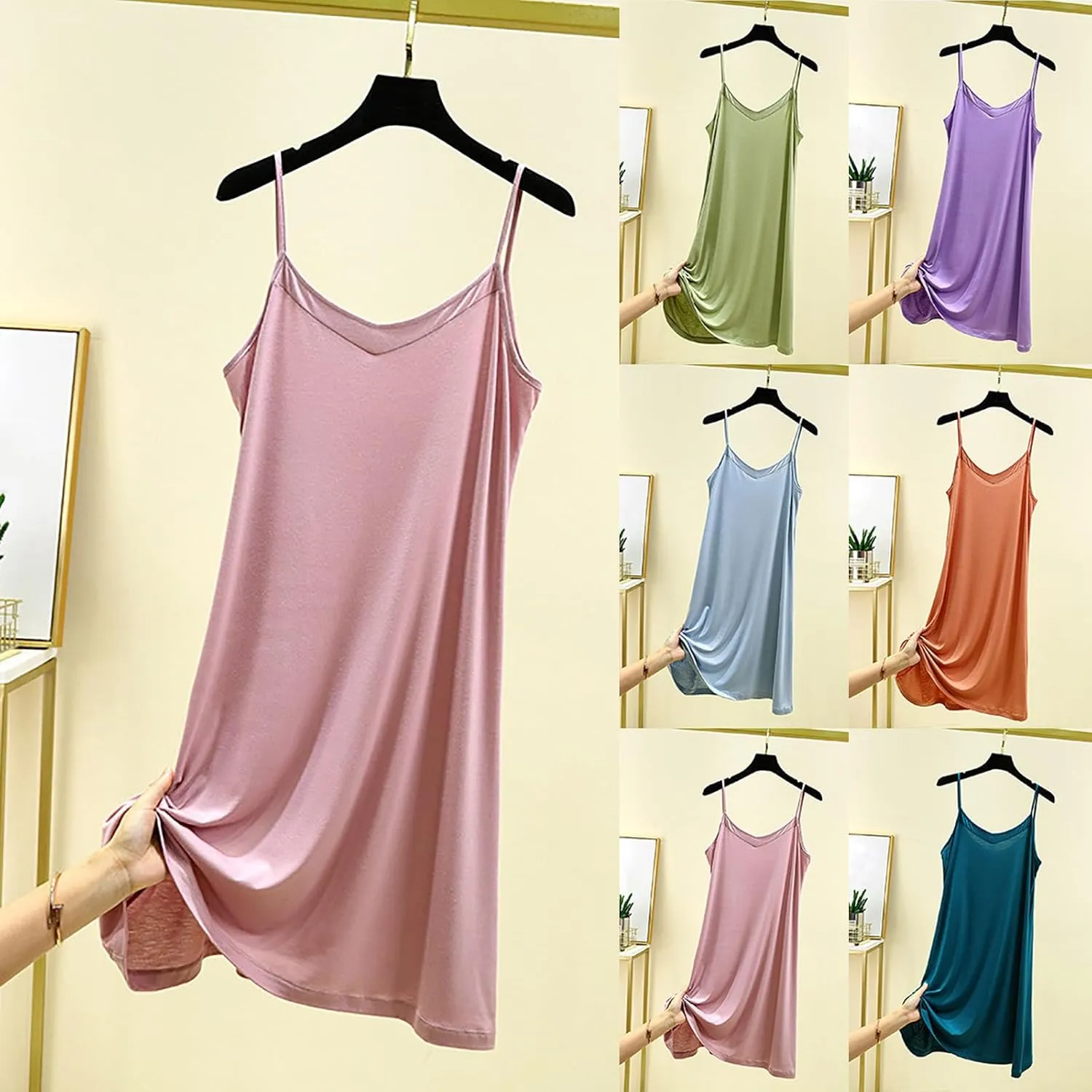 Women's V Neck Camisole Nightgown Loose Spaghetti Strap Sleeveless Soft Modal Summer Pajamas Nightdress Sleepwear