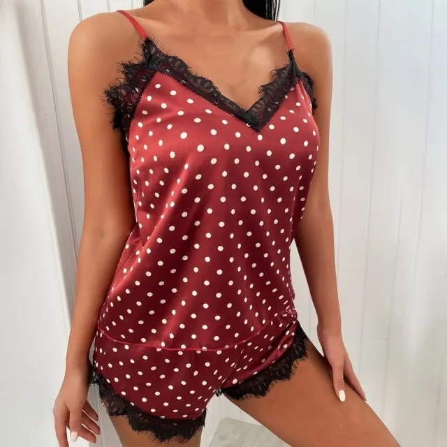 Women's V Neck Laced Edge Polka Dot Pajama Set