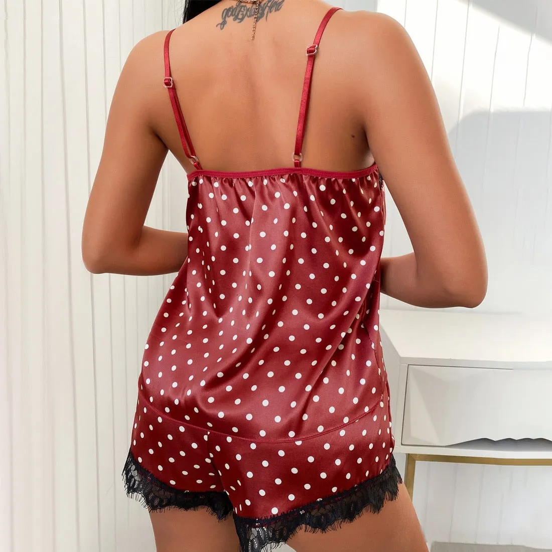 Women's V Neck Laced Edge Polka Dot Pajama Set