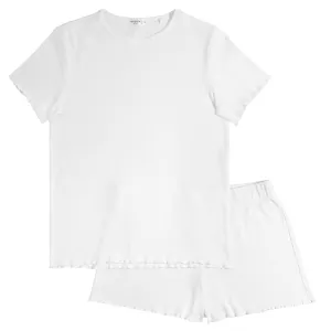 women's white pointelle shirt and short pima pajamas set