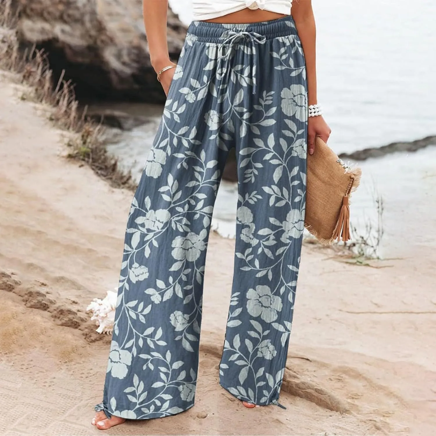Women's Wide Leg Pants Womens Cotton Casual Loose Pants Comfy Work Pants with Pockets Elastic High Waist Paper Bag