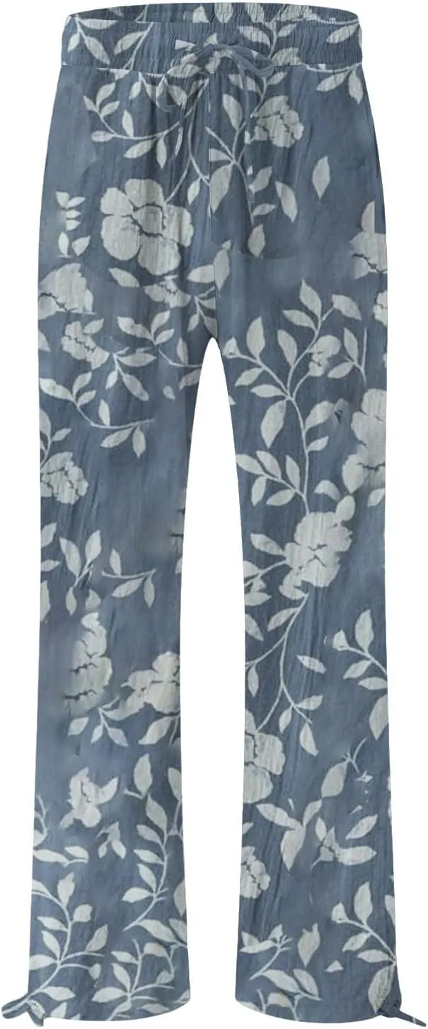 Women's Wide Leg Pants Womens Cotton Casual Loose Pants Comfy Work Pants with Pockets Elastic High Waist Paper Bag