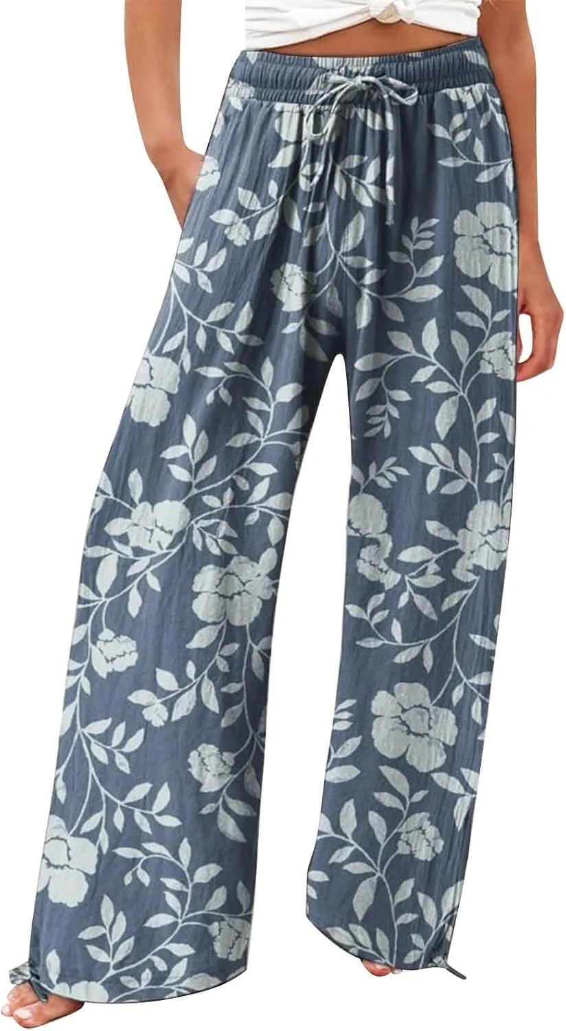 Women's Wide Leg Pants Womens Cotton Casual Loose Pants Comfy Work Pants with Pockets Elastic High Waist Paper Bag