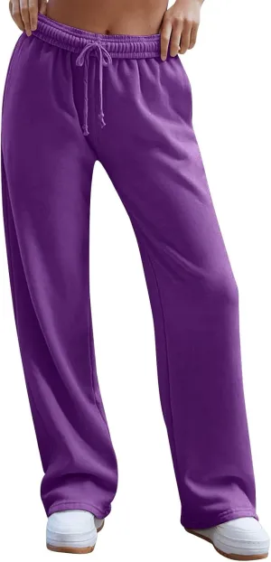 Womens Wide Leg Sweatpants Interior Drawstring Baggy Low Rise Sweatpants Comfy Lounge Jogger Pants with Pockets