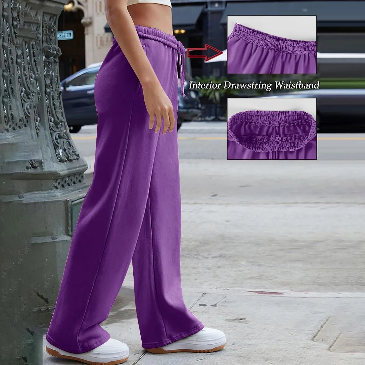 Womens Wide Leg Sweatpants Interior Drawstring Baggy Low Rise Sweatpants Comfy Lounge Jogger Pants with Pockets