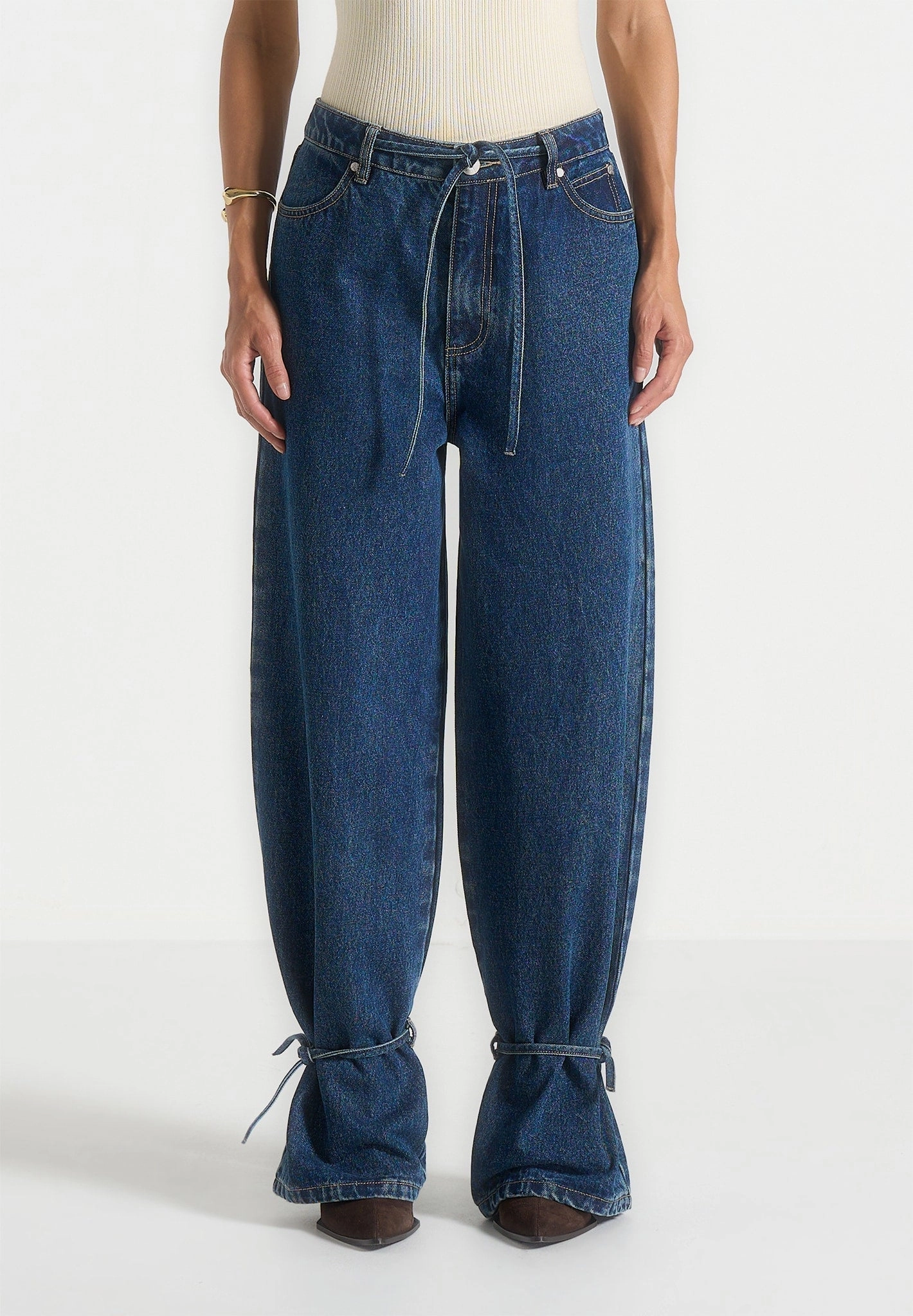 Faye - Wide Mid Rise Jeans With Tie Waist - Indigo Traveler Gear Winter Warmth Smooth Weekend Style Stretch Bold Look