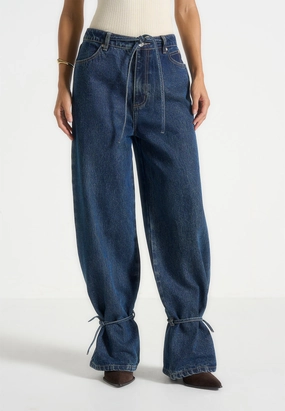 Faye - Wide Mid Rise Jeans With Tie Waist - Indigo Casual Element