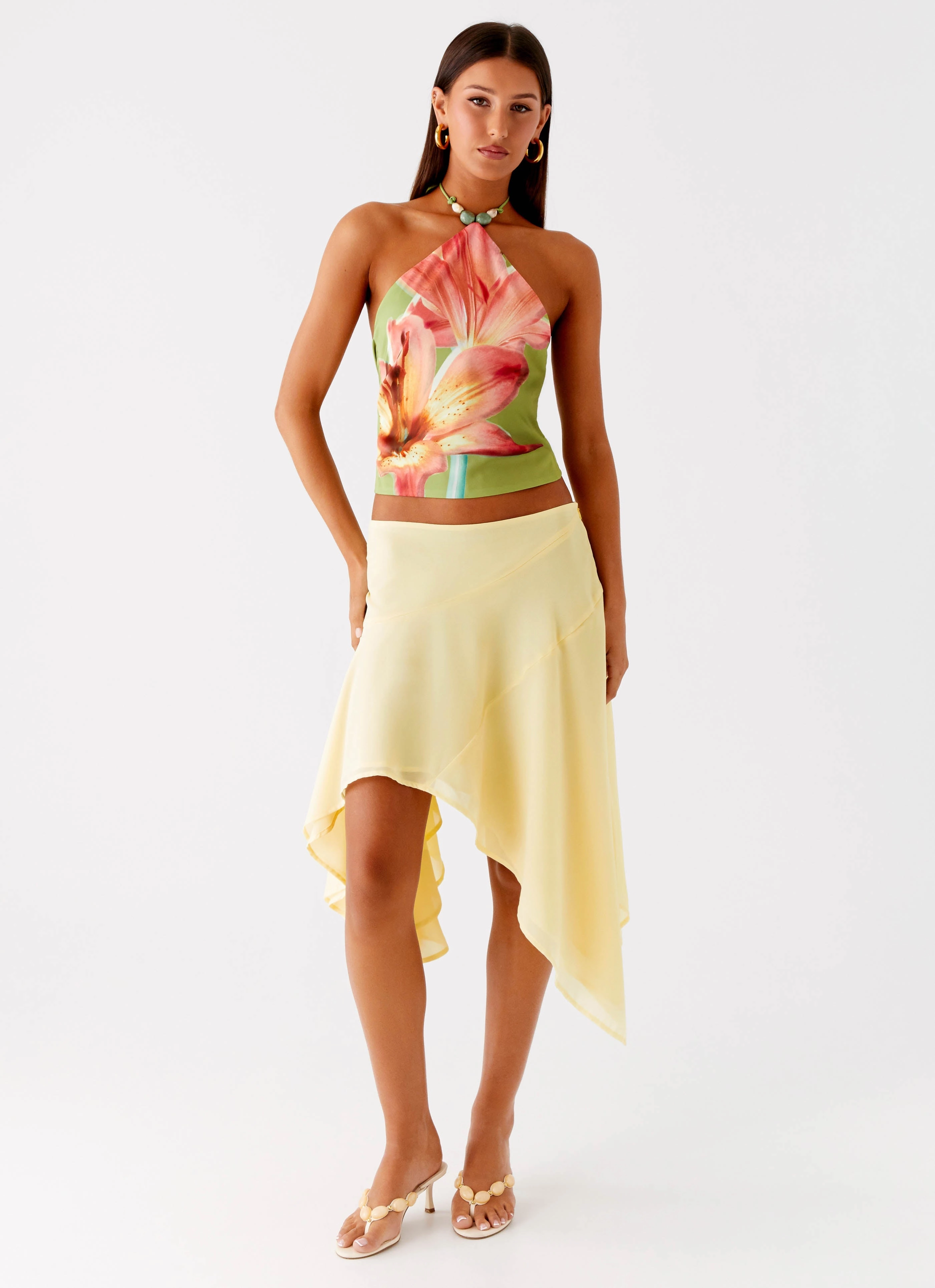 Loreta Beaded Tie Back Top - Jungle Floral Layered Neckline Temperature Regulating Fabric