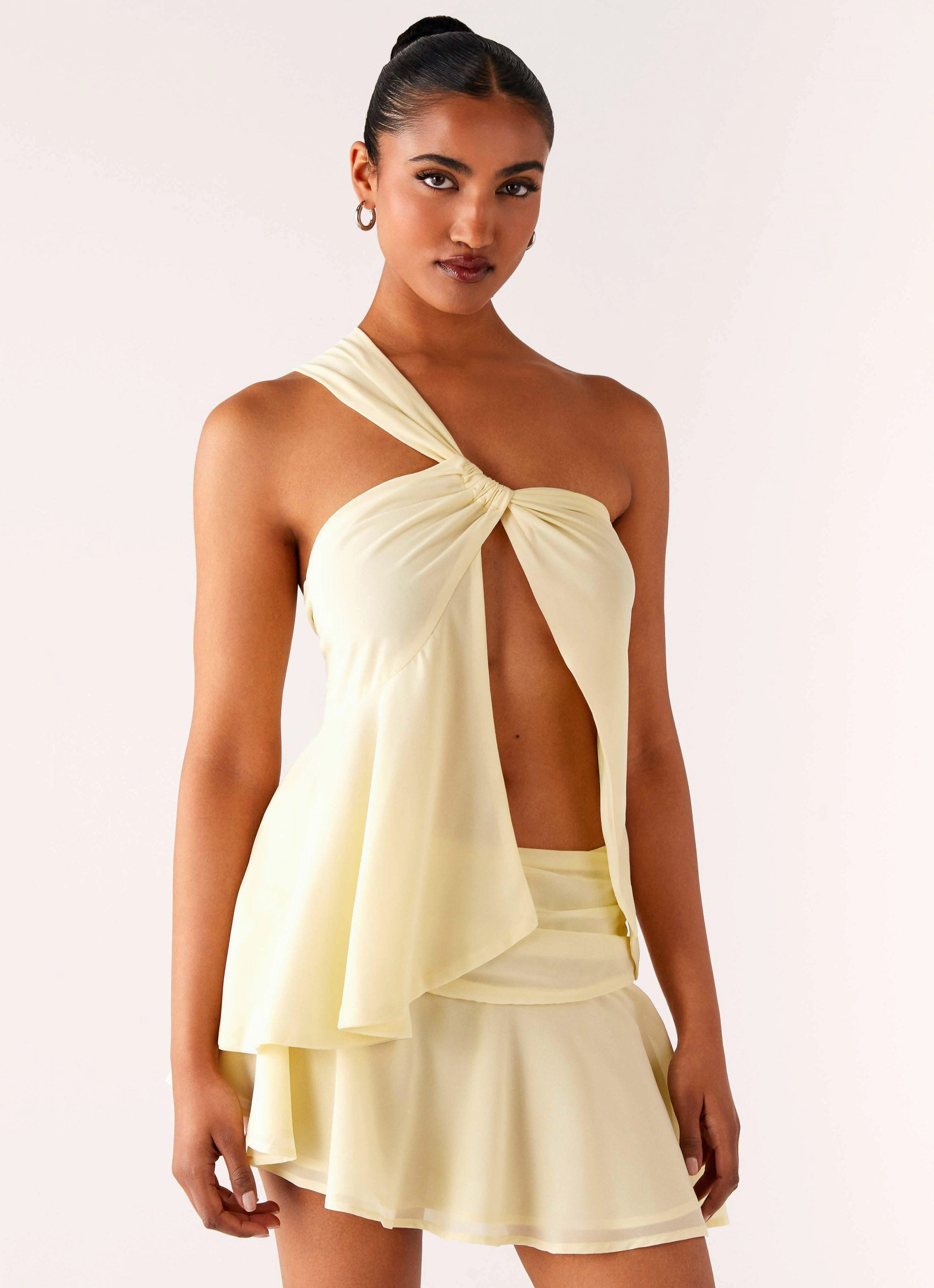 Delight Me Asymmetrical Top - Yellow Distressed Texture Buttonless Closure