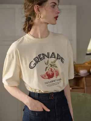 SoftBrushed Snag Resistant Surface Amirah Classic Crew Neck Pomegranate Print Cotton T-shirt