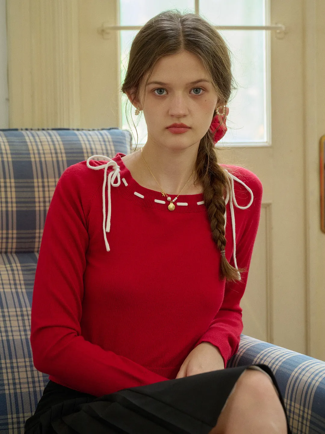 ??Final Sale??Renne Square Neck Bow Knit Top ErgonomicSleeves LightweightTexture