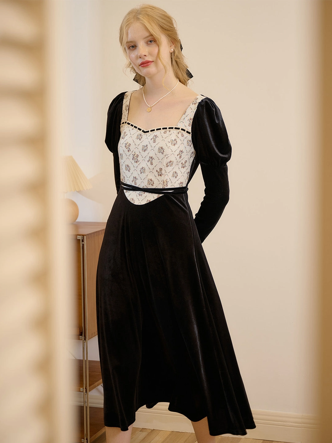 WrinkleResistant Texture Eliza Square Neck Contrast Patchwork Puff Sleeve Dress DoubleStitchedHem
