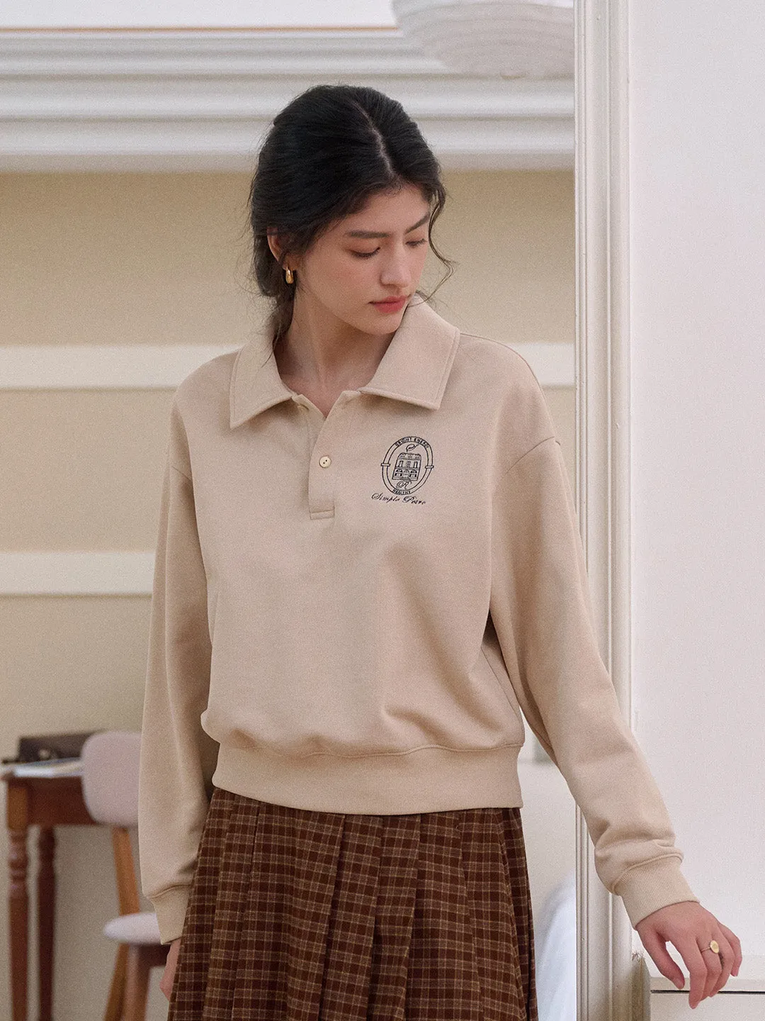 Layered Panel Design Daleyza Polo Collar 100% Cotton Sweatshirt