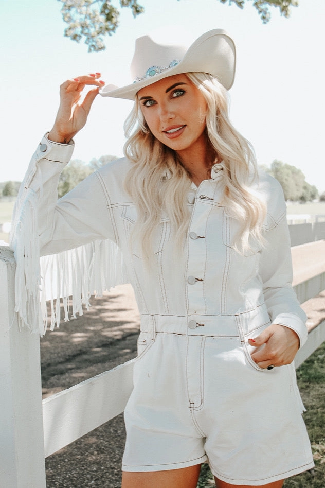 Wyoming Western Fringe Romper - White Classic Vibe