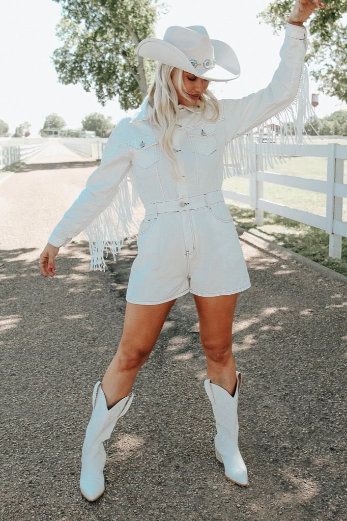 Wyoming Western Fringe Romper - White Stretch Enhanced Mobility