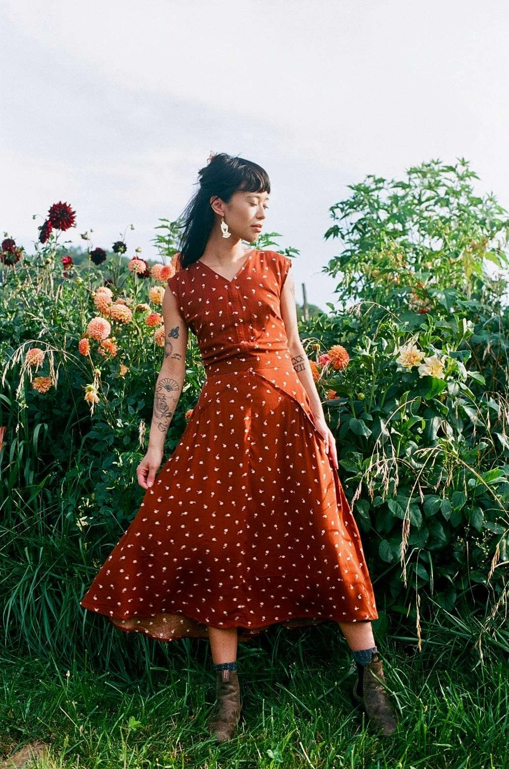 Xena Dress in Hazel Calico Flower Practical work-to-play piece Tonal-Panel