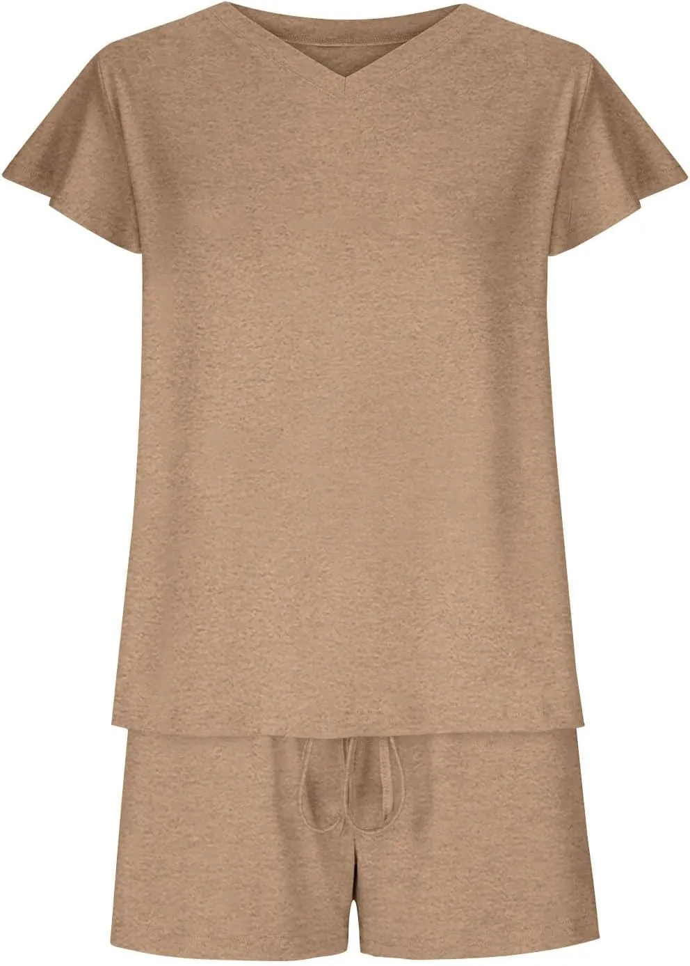 Xiaojmake Womens Pajama Sets Ruffle Short Sleeve V Neck Tee Top and Elastic Short Loose Fit Sleepwear Soft Comfy Lounge Sets