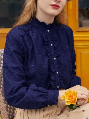 Breathable back panel ??Final Sale??Victoria Ruffle Mandarin Navy Blue Shirt
