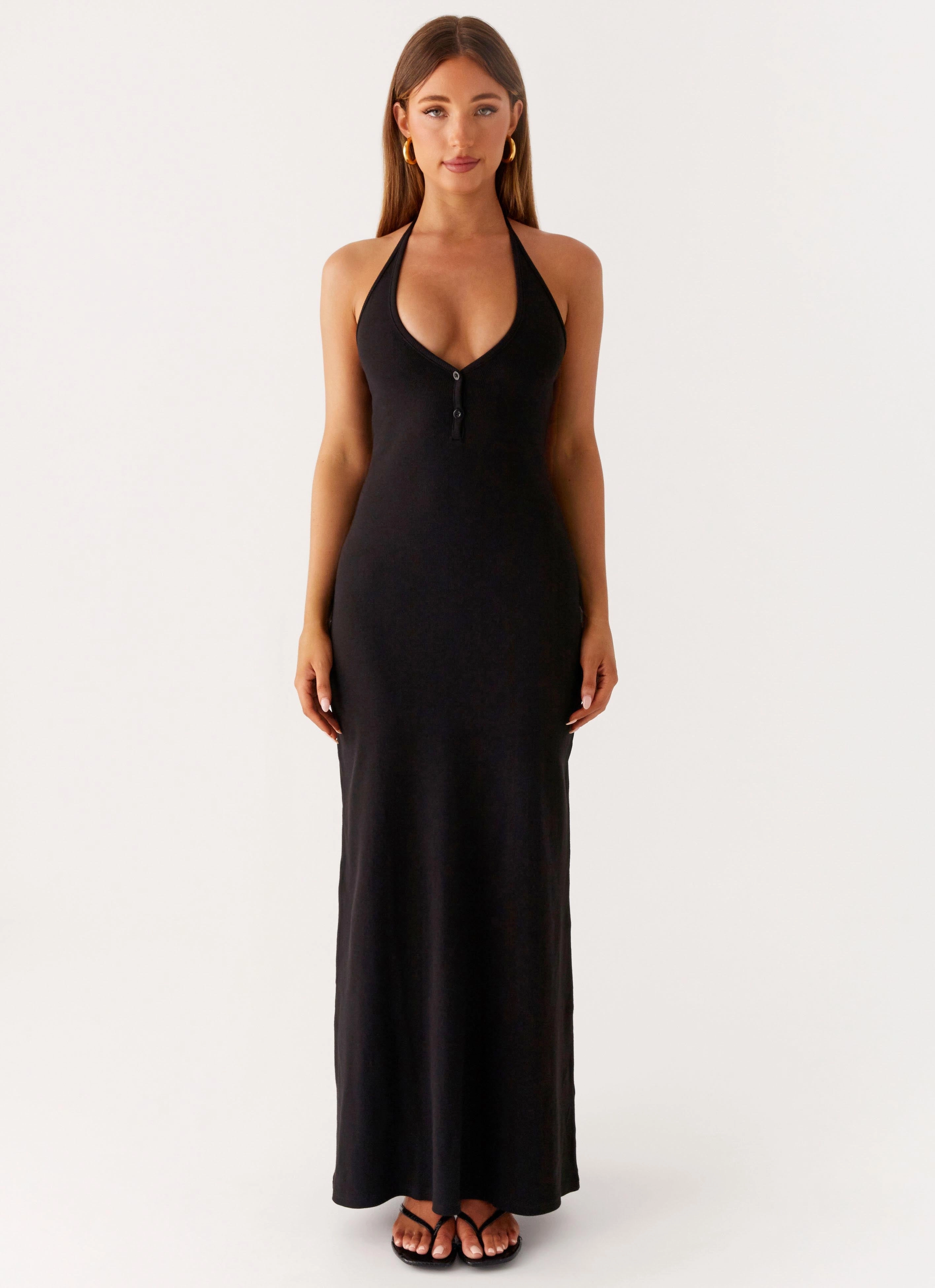 Yaselle Button Front Maxi Dress - Black Perfect Style Long Lines