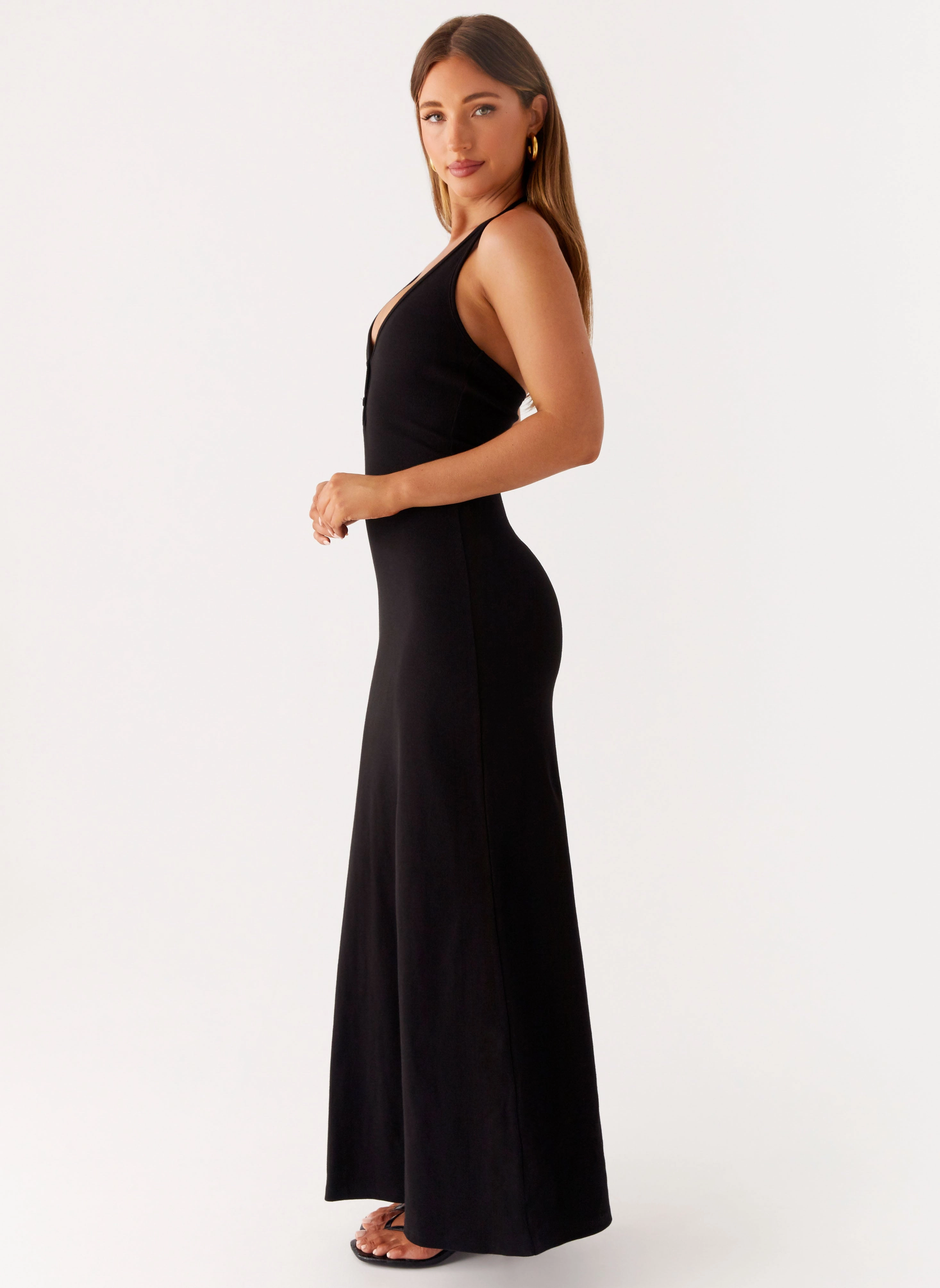 Yaselle Button Front Maxi Dress - Black Cool Tone