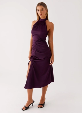 Beaded-Edge Casta Halterneck Midi Dress - Plum