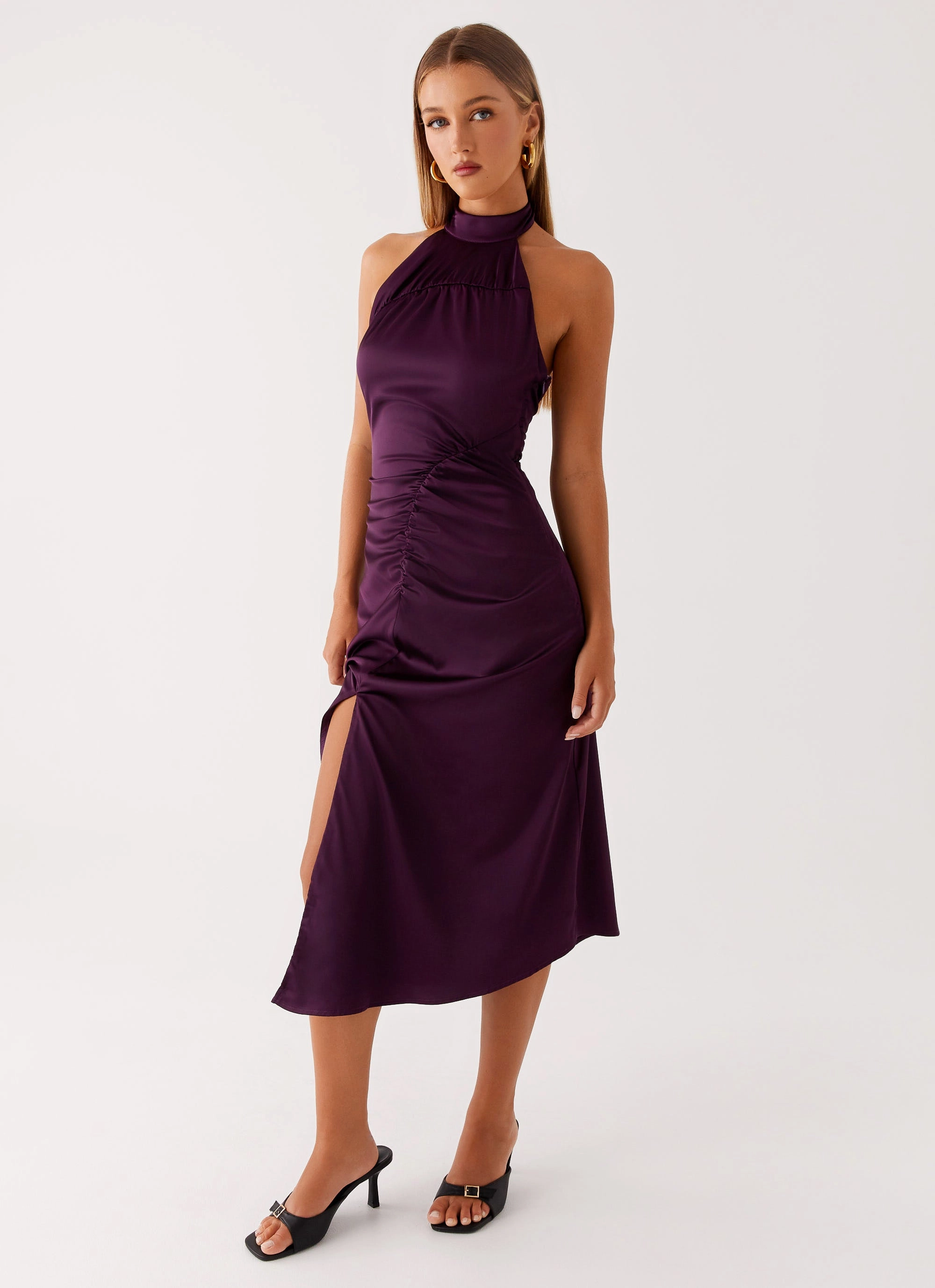Beaded-Edge Casta Halterneck Midi Dress - Plum