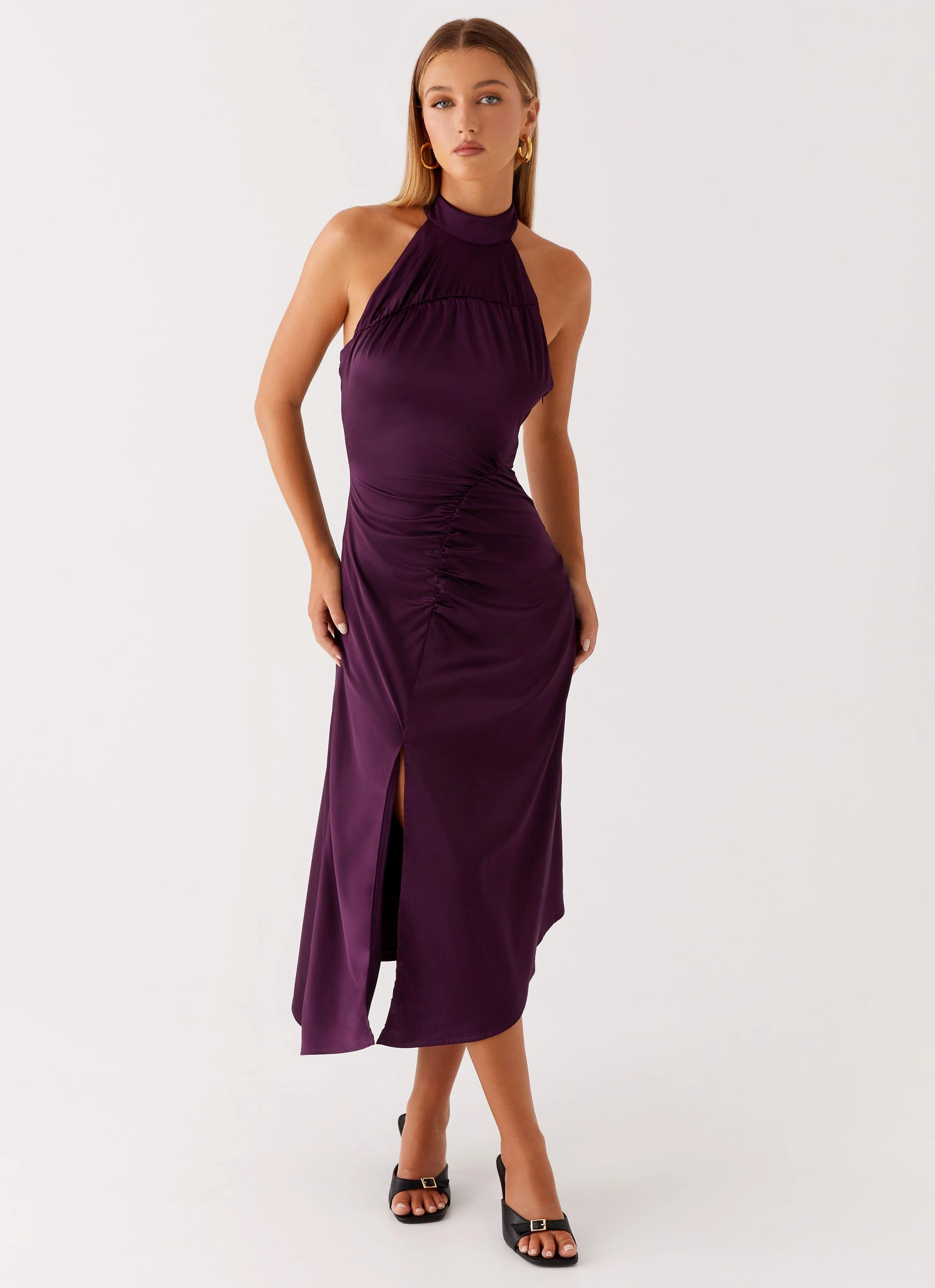 Linen Love Comfortable Cut Casta Halterneck Midi Dress - Plum