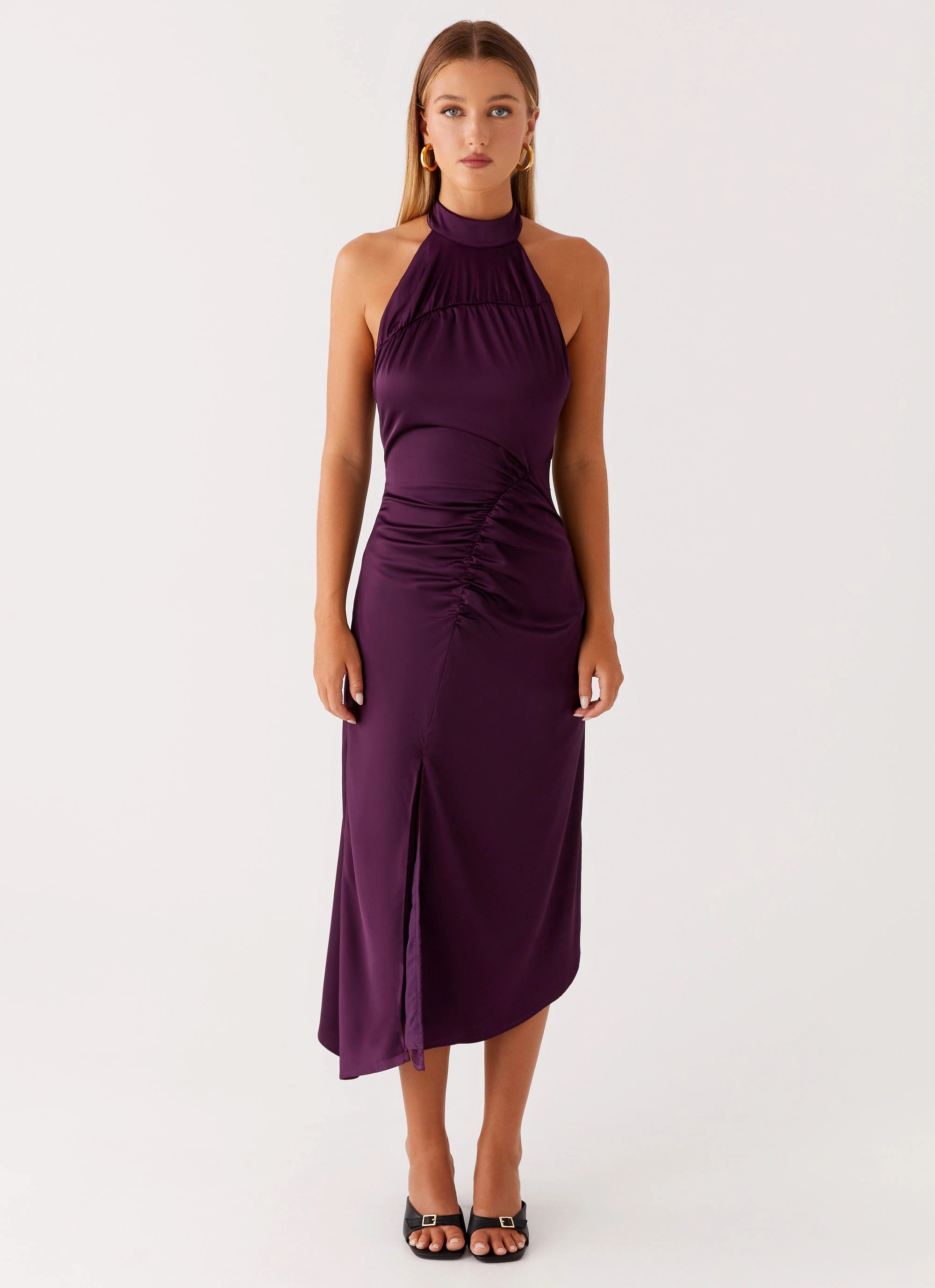 Contrast-Piping Vibe Choice Casta Halterneck Midi Dress - Plum